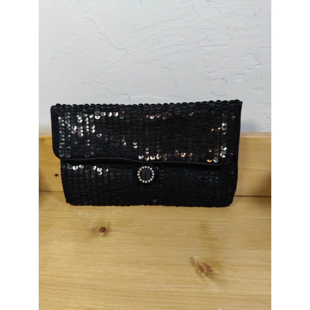 1970's Vintage Norell Black Sequin Clutch Purse ~8x4" Button Elastic Closure